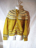 Vintage Fair Isles Knit Sweater Cardigan M Ethnic Silver Button Mustard Yellow
