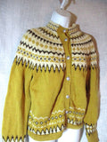 Vintage Fair Isles Knit Sweater Cardigan M Ethnic Silver Button Mustard Yellow
