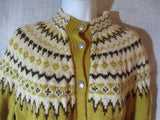 Vintage Fair Isles Knit Sweater Cardigan M Ethnic Silver Button Mustard Yellow