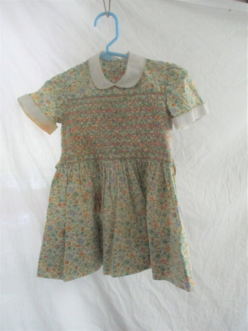 Vintage Handmade Toddler FLORAL Dress Spring Summer WHITE GREEN Preschool