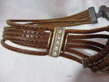 Vintage ITALY strand rhinestone braided Leather Belt S copper silver brass