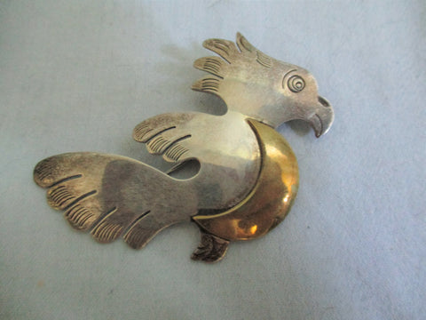 Signed TAXCO Sterling Silver FETISH PARROT BIRD BROOCH PIN Boho Statement