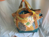LUCKY BRAND suede leather hobo satchel shoulder bag tote canvas floral blue yellow