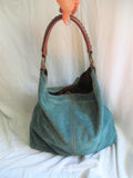 LUCKY BRAND embossed suede leather hobo satchel shoulder bag tote canvas BLUE