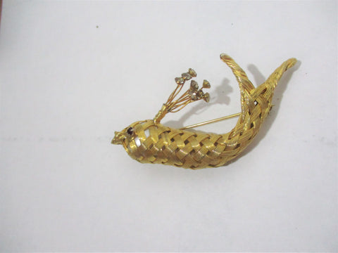 Vintage Woven Goldtone Fish PISCES Animal Rustic Pin Brooch Jewel Encrusted