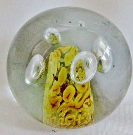 Handmade MILLEFIORI Art Glass Paperweight GLOBE Vintage CLEAR Cell Beige Bubble