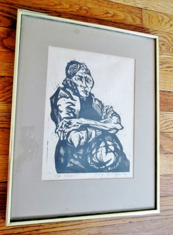 Vintage "OLD WOMAN" GEORGE ESSAYIAN Framed Print ART WOODCUT Mid Century Modern Original Amphibian