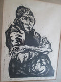 Vintage "OLD WOMAN" GEORGE ESSAYIAN Framed Print ART WOODCUT Mid Century Modern Original Amphibian
