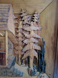 Vtg Carved Wood Diorama Picture Handmade Inlaid Folk Art HOUSE HOME LODGE TREE