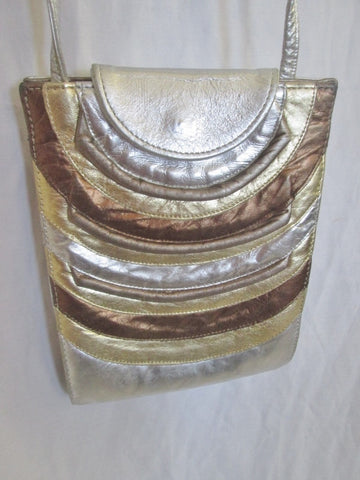 Striped textured leather shoulder crossbody bag swingpack purse pouch SILVER GOLD METALLIC
