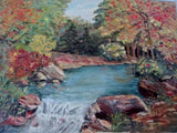 Vintage SIGNED 1960s FLORENCE JOHNSTON PAINTING ART Landscape River Tree Foliage Colorful