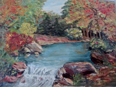 Vintage SIGNED 1960s FLORENCE JOHNSTON PAINTING ART Landscape River Tree Foliage Colorful