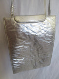 Striped textured leather shoulder crossbody bag swingpack purse pouch SILVER GOLD METALLIC