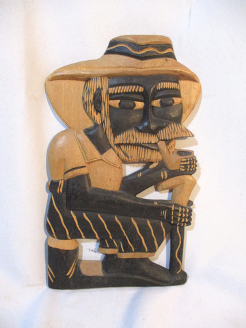 Handmade BRAZIL Carved Wood MAN PIPE SMOKE Sculpture Wall Art Tribal Ethnic Primitive