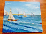 Signed Original MS PAINTING ART Sea Boat Ocean Wave SAILBOAT Nautical BLUE 24X20
