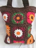 FAR NINE Crochet GRANNY SQUARE Blanket COLORFUL Hippie Tote Clutch BROWN