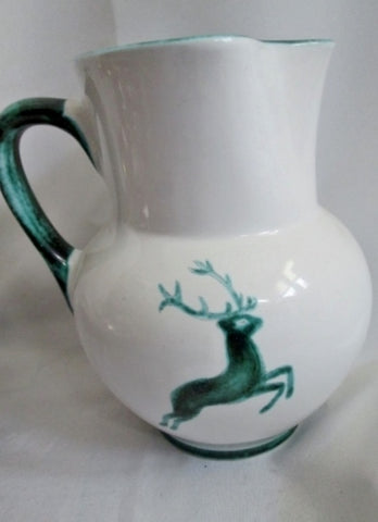 GMUNDNER KERAMIK Handpainted pitcher BUCK DEER Pottery Ceramic Austria WHITE GREEN
