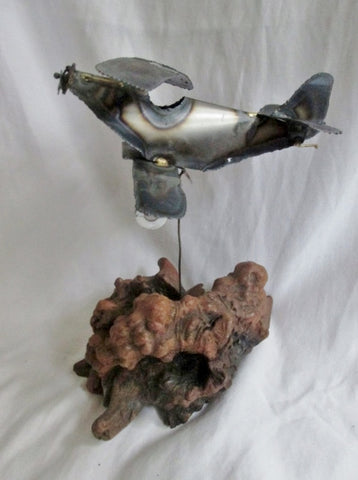 Vintage Handmade Wood Driftwood Tin Airplane Sculpture Art Flight Propeller Plane Aviator Pilot