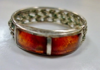 Signed 925 STERLING Silver Ring Sz 7 Band Braided AMBER BLOCK Statement Jewelry 3.2g Mod