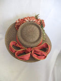 LINDA EASTWOOD 707 Floral Straw Church Brim Sunhat Festival CORAL TAUPE
