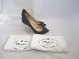 PRADA MILANO ITALY Clear Heel Pump Satin Peep Toe Shoe 36 BLACK