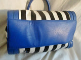 AVON Vegan Mini Duffle Purse Satchel Handbag Gym Bag BLACK WHITE BLUE Stripe