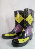 Womens Ladies ARGYLE Wellies Rain Boots Gumboots Foul Weather 9.5 YELLOW PURPLE BLACK