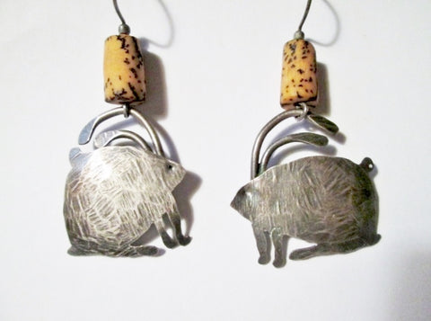 Handmade RABBIT SILVER Dangle Pierced Earring Jewelry Arts Crafts Boho Animal Bead