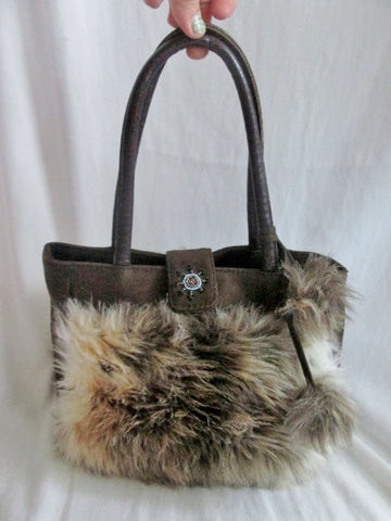 NEW Faux Vegan Leather Fur TOTE Satchel Shoulder Bag Shopper BROWN POM POM