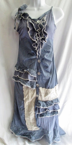 WOMENS ZONE BLEUE PARIS Ruffled Maxi Crewel Embroidery 4 BLUE Dress Button Hippy