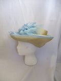 MR. JOHN Floral Straw Church Brim Sun hat Festival BLUE CREME Wedding