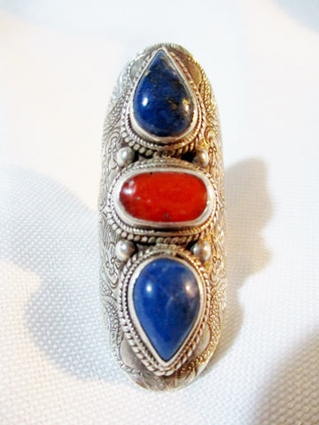 925 STERLING Silver Ethnic CORAL Ring Sz 8 LAPIS LAZULI BLUE 16g STATEMENT Band Jewelry Tribal Wedding