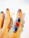 925 STERLING Silver Ethnic CORAL Ring Sz 8 LAPIS LAZULI BLUE 16g STATEMENT Band Jewelry Tribal Wedding