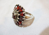 STERLING Silver Ring Sz 7.5 MARCASITE RED BLACK CRYSTAL 10g STATEMENT Band Jewelry Wedding