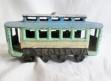Vintage Antique Cast Iron TROLLEY TRAM MOVING Train Car Toy GREEN BLUE Estate Find