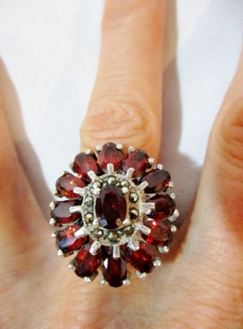 STERLING Silver Ring Sz 7.5 MARCASITE RED BLACK CRYSTAL 10g STATEMENT Band Jewelry Wedding