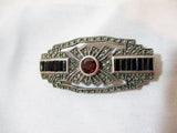 STERLING SILVER BROOCH PIN MARCASITE Glass RED BLACK 14g Noveau Deco Jewelry