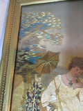 Vintage Antique KITSCH Embroidery VICTORIAN LADY PARASOL EARLY FOLK ART
