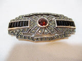 STERLING SILVER BROOCH PIN MARCASITE Glass RED BLACK 14g Noveau Deco Jewelry