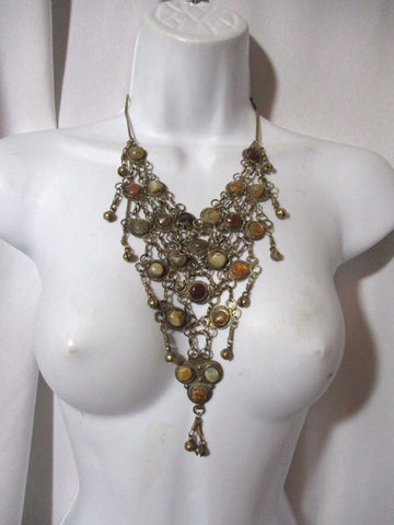 Stone Encrusted Chainmail Inlay Tier Dangle Runway Ethnic NECKLACE TRIBAL Bib CLEOPATRA Style