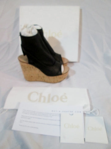 NEW CHLOE NAPPA LAMB Leather Cork Wedge Sandal 36.5 6 Shoe BLACK Womens
