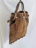 Hippie Buttery Soft Suede LEATHER Fringe Clutch bag purse patchwork BROWN