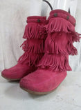 EUC Girls MINNETONKA Suede Fringe Ankle Boots Booties Moccasin Hippie 3 PINK Shoes