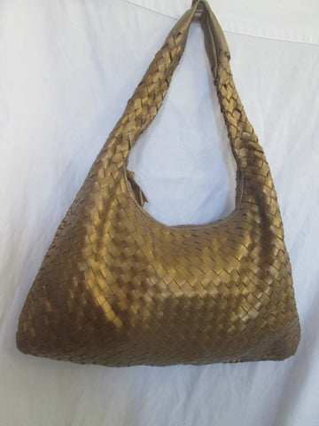 GIANNINI Woven Faux Leather Vegan Handbag Satchel Hobo Bag GOLD METALLIC