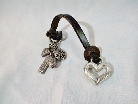 BRIGHTON Silver Leather Hangtag Keychain Keyring Charm Heart Dangle Jewel