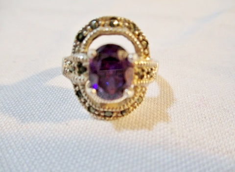 925 STERLING Silver Ring Sz 9 AMETHYST PURPLE Marcasite 6g STATEMENT Band Jewelry Wedding