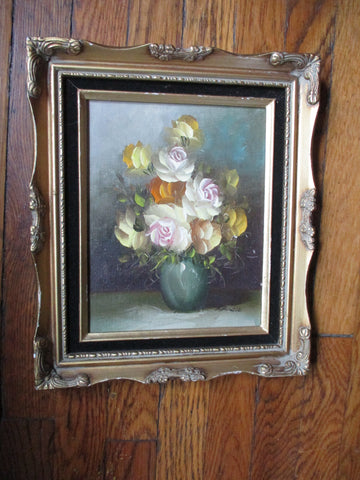 Vintage Antique Signed Framed ROSE FLOWER FLORAL Painting ART