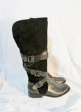Womens G.I.L.I. RIVINE Knee High Suede Leather Strappy Moto BOOT BLACK 7.5 Riding