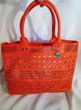 New BIG BUDDHA Faux Leather Shoulder Bag Tote Shopper Carryall RED Cutout Silver XL
