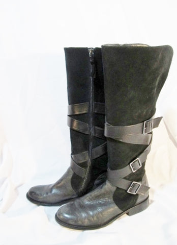 Womens G.I.L.I. RIVINE Knee High Suede Leather Strappy Moto BOOT BLACK ...